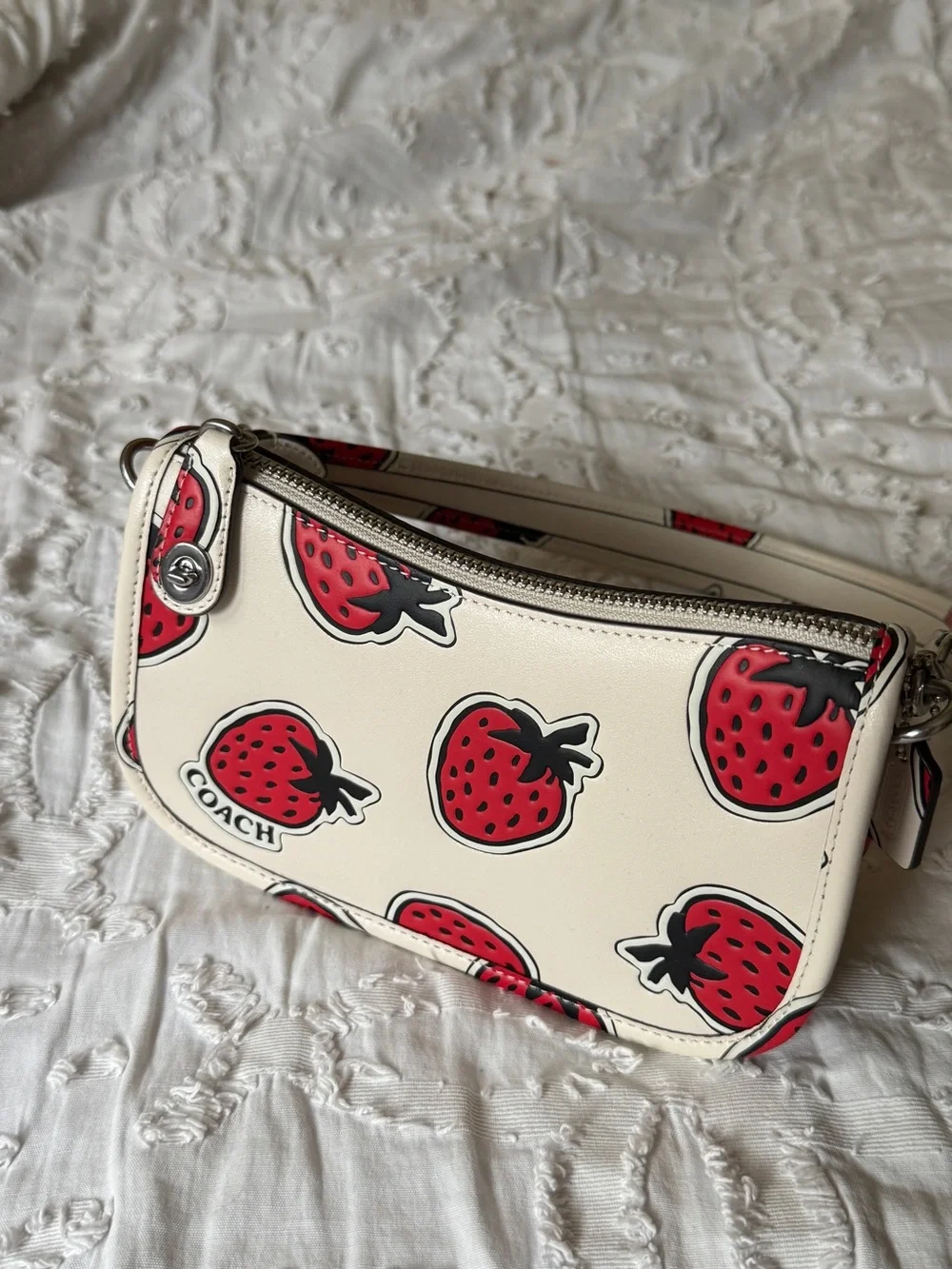 Coach Cream Leather Crossbody with Red Strawberry Print